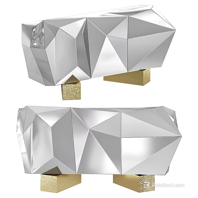 Modern Geometric Polyhedral Console Table With Silver Metallic Surface And Gold Legs 3d model 