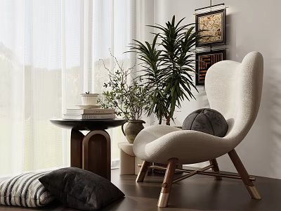 Cozy Cream Colored Accent Chair With Wooden Legs Green Plants And Side Table 3d model