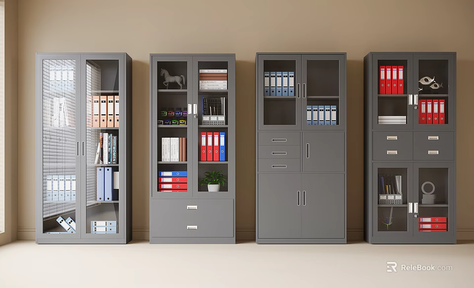 Four Gray Office File Cabinets With Organized Folders Books And Decorative Items 3d model 