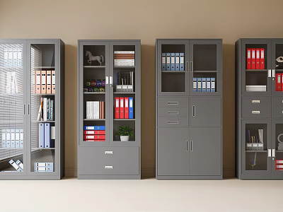 Four Gray Office File Cabinets With Organized Folders Books And Decorative Items 3d model