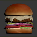 Delicious Juicy Hamburger With Red Bun Patty Cheese Lettuce Tomato And Pickles