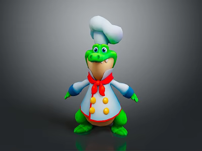 Reptile Cartoon Character Wearing Chef Hat Red Neckerchief And White Coat With Yellow Buttons 3d model