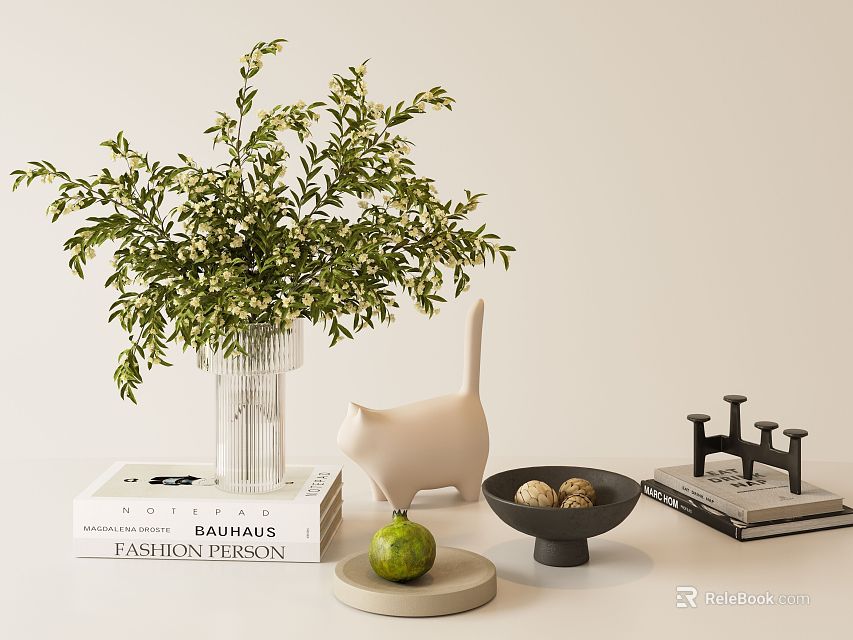 Home Decorative Ornament Combination Featuring Green Plant Glass Vase Cat Figurine Black Bowl And Books 3d model 
