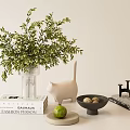 Home Decorative Ornament Combination Featuring Green Plant Glass Vase Cat Figurine Black Bowl And Books