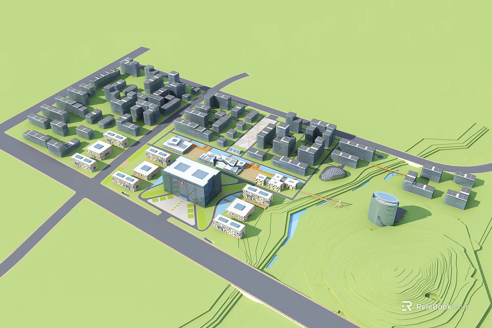 Modern Office Building Complex Design With Greenery Roads And Water Feature 3d model