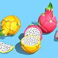 Yellow and Pink Dragon Fruit Whole and Sliced with Black Seeds on Blue Background