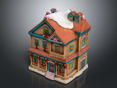 Two Story Gingerbread House Building with Snow on Roof and Christmas Decorated Windows and Wreaths 3d model
