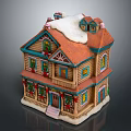 Two Story Gingerbread House Building with Snow on Roof and Christmas Decorated Windows and Wreaths