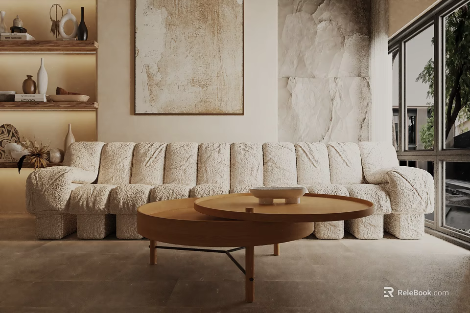 Light Colored Textured Three Seater Sofa With Round Wooden Coffee Table And Stone Wall Artwork 3d model 