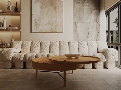 Light Colored Textured Three Seater Sofa With Round Wooden Coffee Table And Stone Wall Artwork 3d model