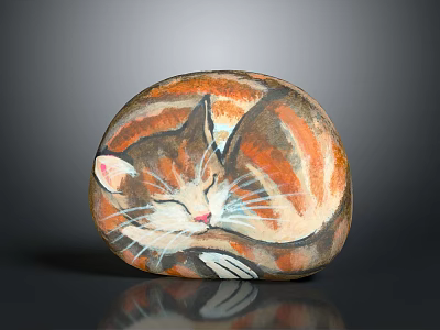 Round Decorative Stone Surface With Hand Painted Sleeping Cat Art Design 3d model