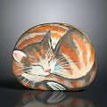 Round Decorative Stone Surface With Hand Painted Sleeping Cat Art Design