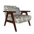 Classic Patterned Fabric Accent Chair With Wooden Legs Arms And Gray Decorative Pillow