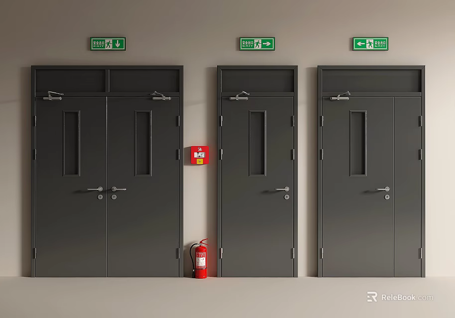 Dark Gray Double Doors with Glass Panels Emergency Exit Signs and Red Fire Extinguisher 3d model 