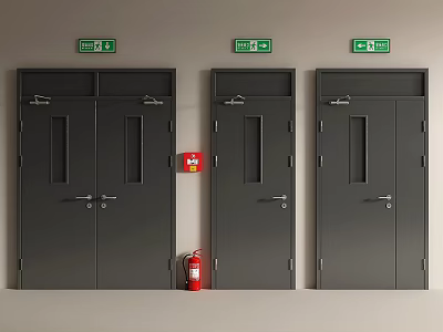 Dark Gray Double Doors with Glass Panels Emergency Exit Signs and Red Fire Extinguisher 3d model