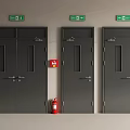 Dark Gray Double Doors with Glass Panels Emergency Exit Signs and Red Fire Extinguisher