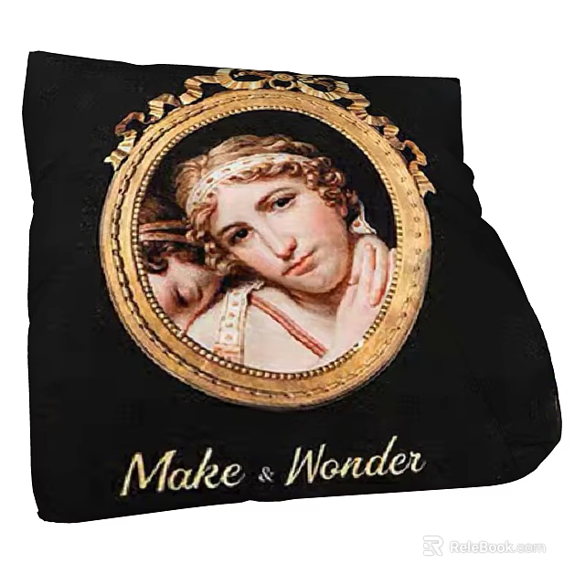 Classic Style Decorative Pillow With Black Background Golden Frame Circular Portrait And Make & Wonder Text 3d model 