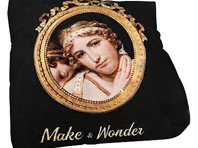 Classic Style Decorative Pillow With Black Background Golden Frame Circular Portrait And Make & Wonder Text 3d model