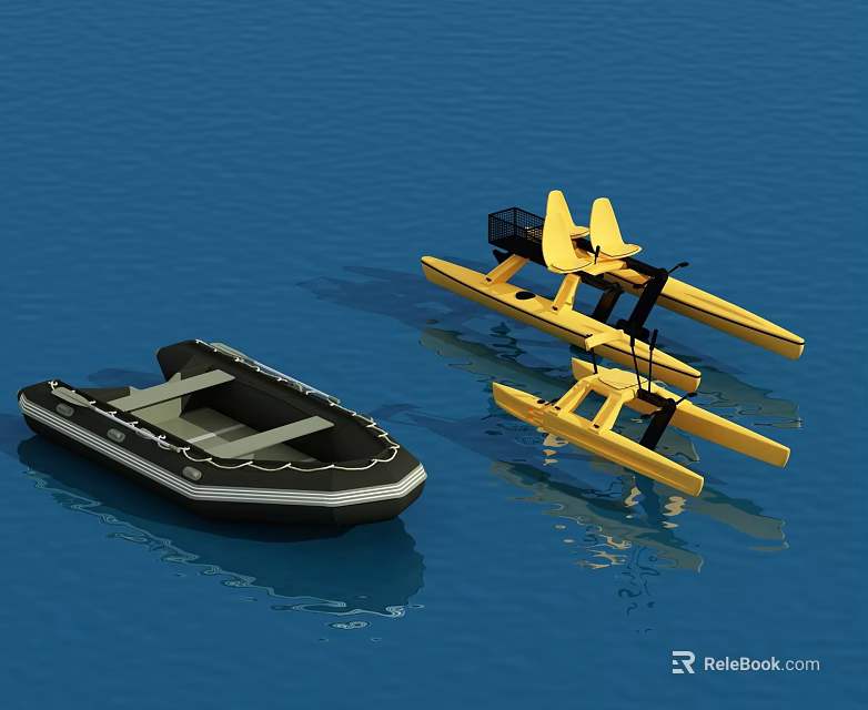 Black Inflatable Boat And Yellow Watercraft Floating On Blue Water 3d model 
