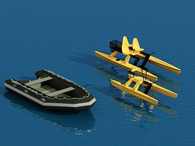 Black Inflatable Boat And Yellow Watercraft Floating On Blue Water 3d model