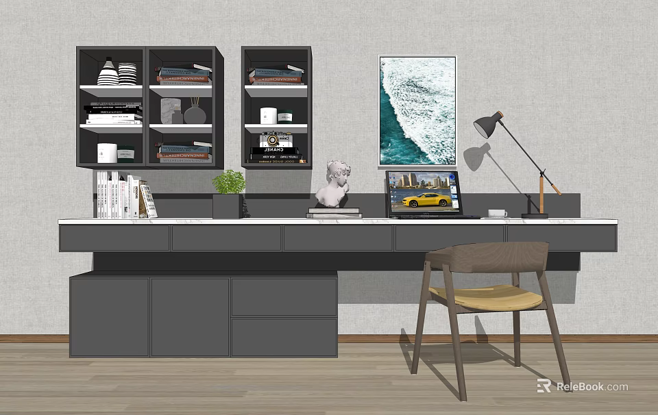 Modern Home Office Desk Setup With Laptop Lamp Books And Wall Shelves 3d model 