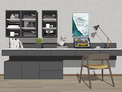 Modern Home Office Desk Setup With Laptop Lamp Books And Wall Shelves 3d model