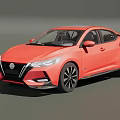 Red Nissan Sedan Featuring Modern Sleek Body And Black Sporty Wheels Design