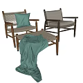 Modern Leisure Chairs with Wooden Frame Armrests Green Cushion Ottoman and Green Blanket