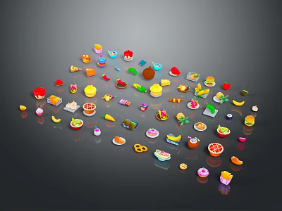 Colorful Assorted Foods Including Cakes Fruits And Desserts On Black Background 3d model