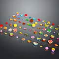 Colorful Assorted Foods Including Cakes Fruits And Desserts On Black Background
