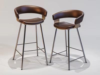 Two Brown Leather Bar Stools With Curved Backrest And Modern Metal Legs Design 3d model