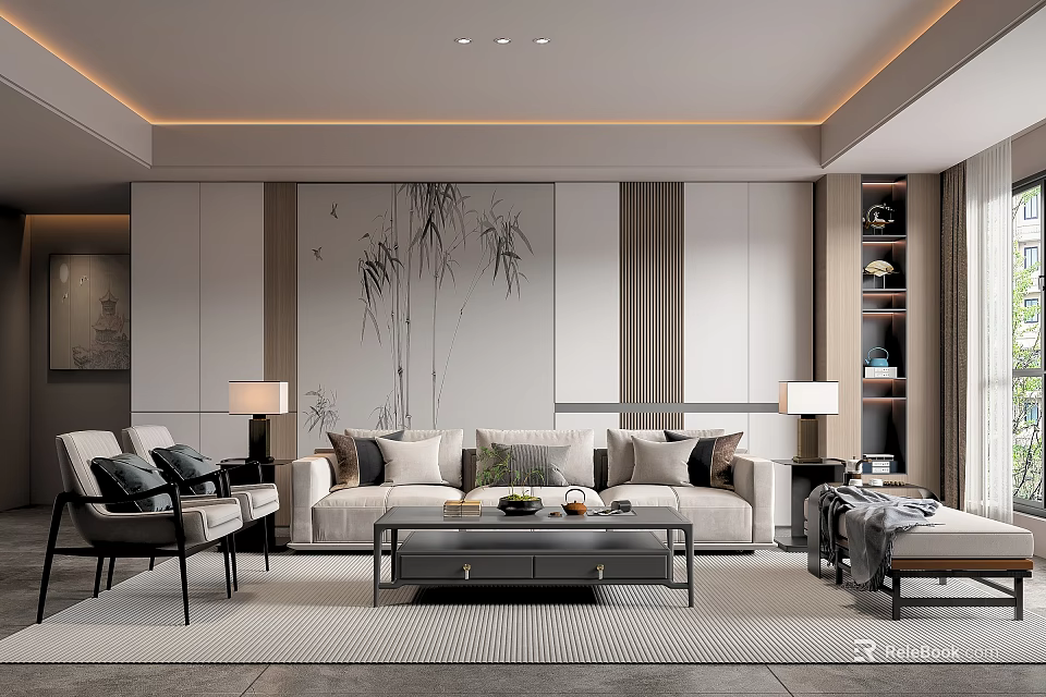 Elegant Modern Living Room Interior With Sofa Coffee Table Wall Art And Ceiling Lights 3d model