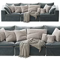 Comfortable Gray Three Seater Fabric Sofa With Multiple Pillows And Throw Blanket 3d model