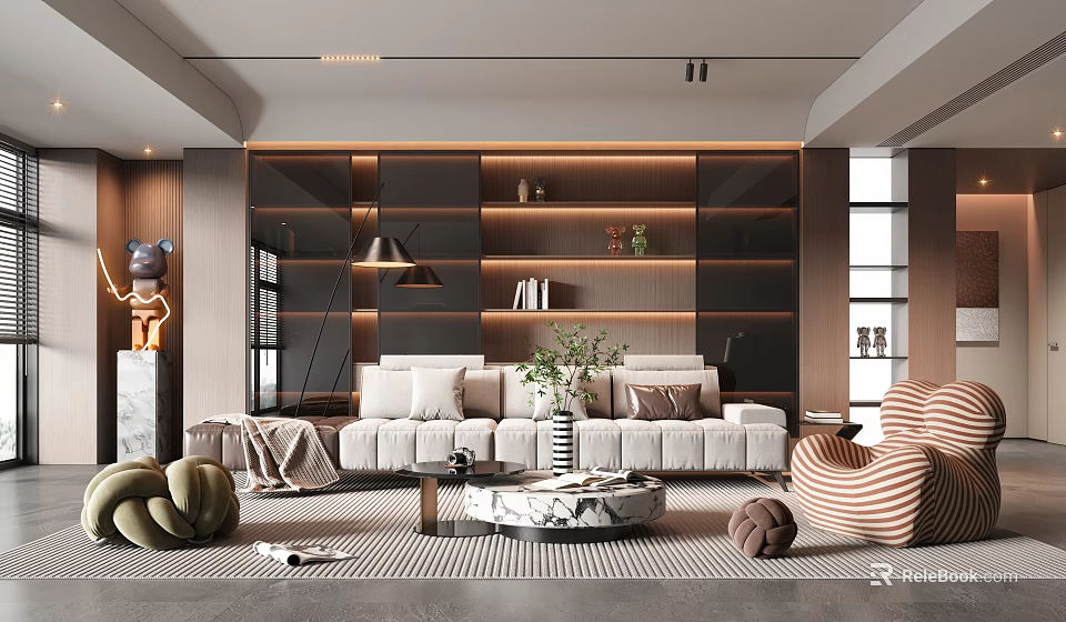 Modern Living Room Interior Design With Sofa Bookshelf Rug Floor Lamp And Coffee Table 3d model 