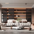 Modern Living Room Interior Design With Sofa Bookshelf Rug Floor Lamp And Coffee Table