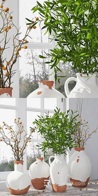 White Vase With Terracotta Rim Holds Green Plants Orange Berries On Window Sill Natural Light 3d model 