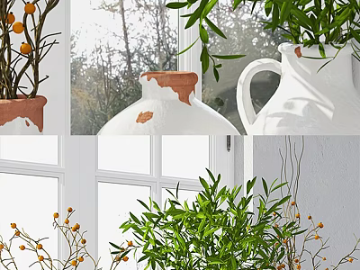 White Vase With Terracotta Rim Holds Green Plants Orange Berries On Window Sill Natural Light 3d model