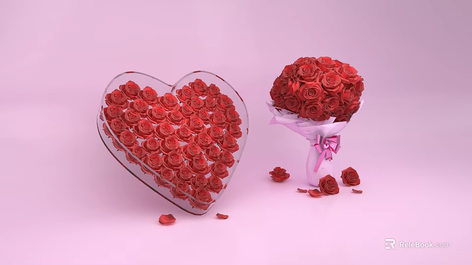 Red Roses Arranged in Heart Shaped Transparent Box and Pink Vase with Scattered Petals 3d model 