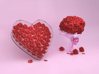 Red Roses Arranged in Heart Shaped Transparent Box and Pink Vase with Scattered Petals 3d model