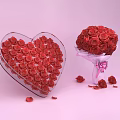 Red Roses Arranged in Heart Shaped Transparent Box and Pink Vase with Scattered Petals