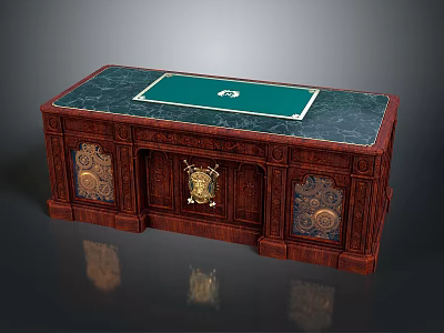 Ornate Wooden Desk with Green Surface Intricate Carved Details and Gold Accents 3d model