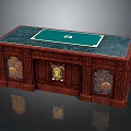 Ornate Wooden Desk with Green Surface Intricate Carved Details and Gold Accents