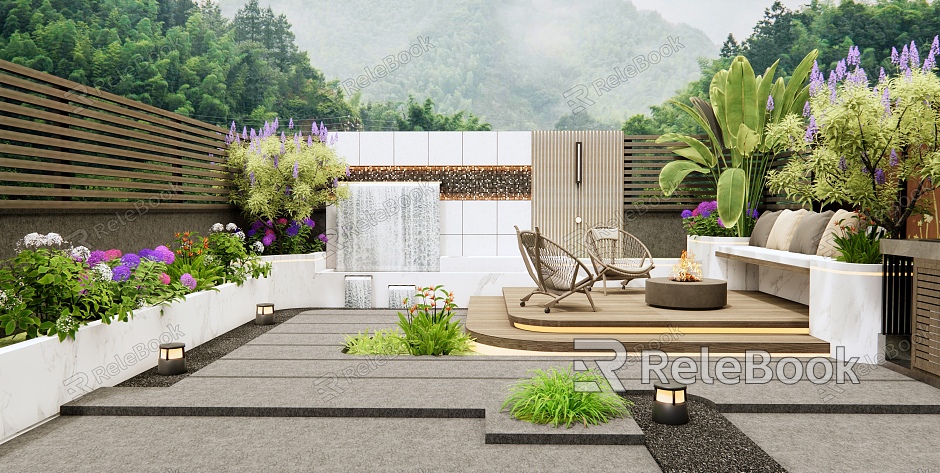 Villa Courtyard Garden Waterscape Wall Outdoor Chair Plant Combination Flowers and Plants Outdoor Sofa model