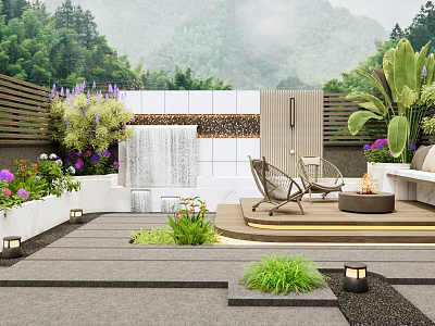 Serene Garden Design With Waterfall Outdoor Seating Fire Pit Stone Paths And Lush Plants 3d model