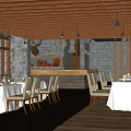 Elegant Restaurant Interior With Wooden Ceiling White Tablecloths And Dining Chairs
