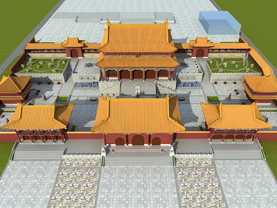 Ancient Chinese Architecture With Yellow Roofs Red Walls And Symmetrical Courtyard Design 3d model