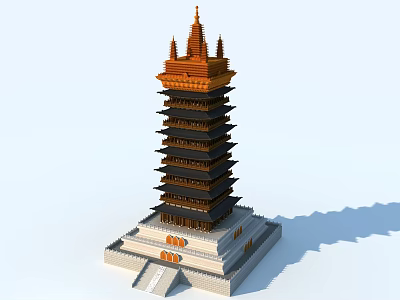 Traditional Tiered Pagoda With Golden Roof Black Structure White Base And Stone Steps 3d model