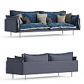 Stylish Two Seater Sofa With Navy Blue Velvet And Beige Linen Ruffled Cushions