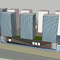 Modern Commercial Complex With High Rise Glass Curtain Wall Buildings And Retail Entrance