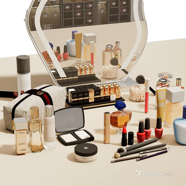 Luxurious Perfume And Cosmetics Display With Bottles Lipsticks Brushes Mirror And Skincare 3d model 